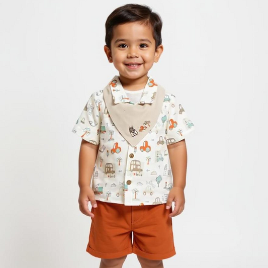 Boy City Design Muslin 3pc Set, Beige, Baby Boy, 18-24 Months