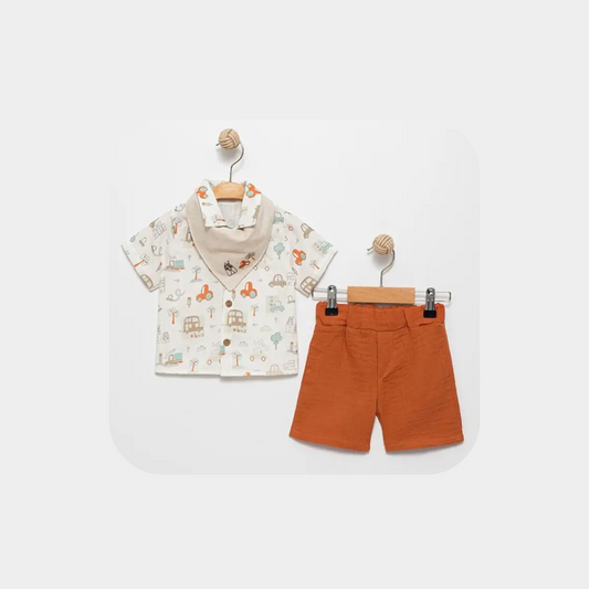 Boy City Design Muslin 3pc Set, Beige, Baby Boy, 12-18 Months