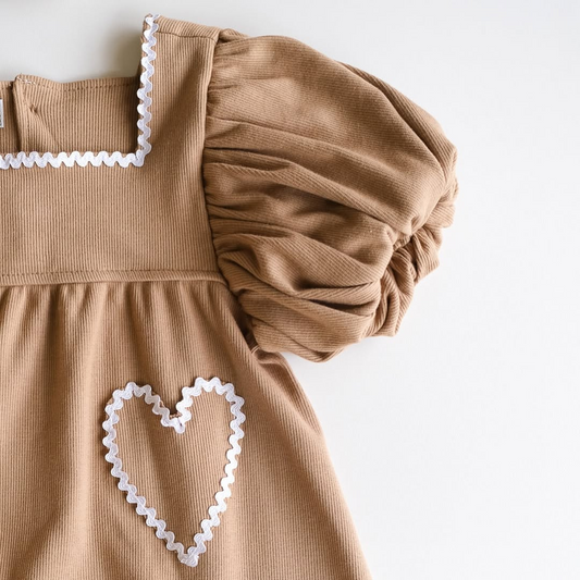 Sofia Heart-Shaped Ribbed Dress, Brown, Baby Girl, 9-12 Months