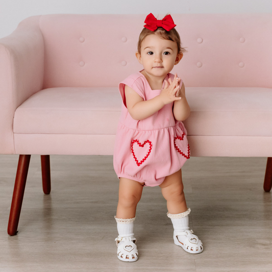 Mini Amora Heart Romper, Pink, Baby Girl, 6-12 Months