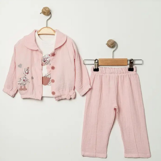 Willow Blossom 3-Piece Muslin Set, Pink & White, Baby Girl, 9-12 Months