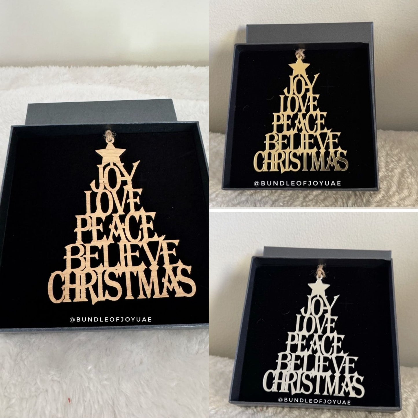 Boxed Set of 4 "Christmas Tree Word Ornament" Acrylic OR Wooden
