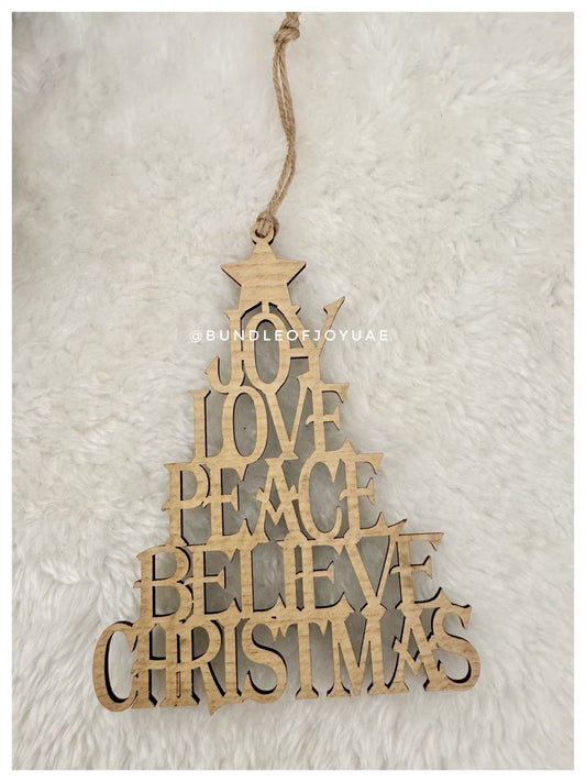 Boxed Set of 4 "Christmas Tree Word Ornament" Acrylic OR Wooden