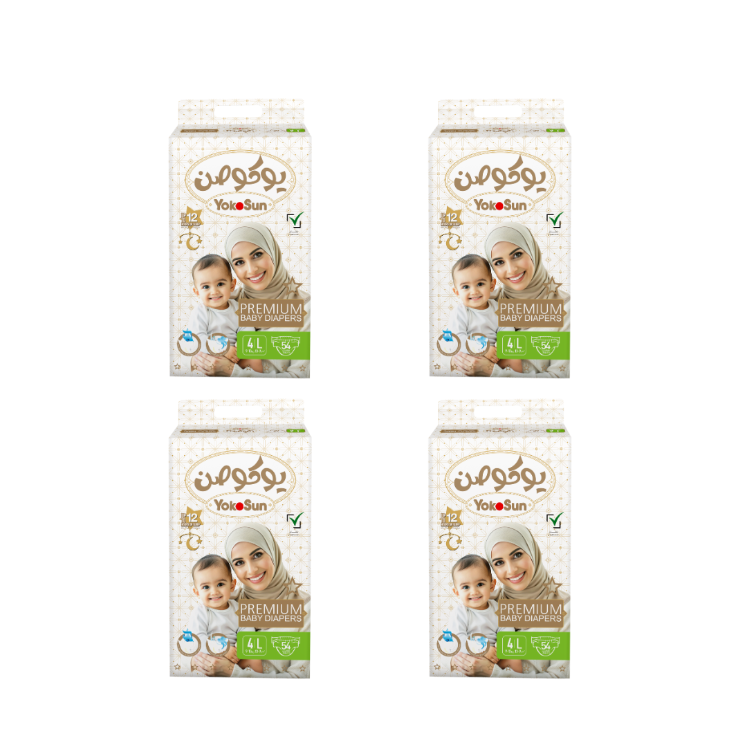 Premium Baby Diapers, Size 4 Large (9-13 kg), 54 pcs x 4Pack Super Saver Bundle