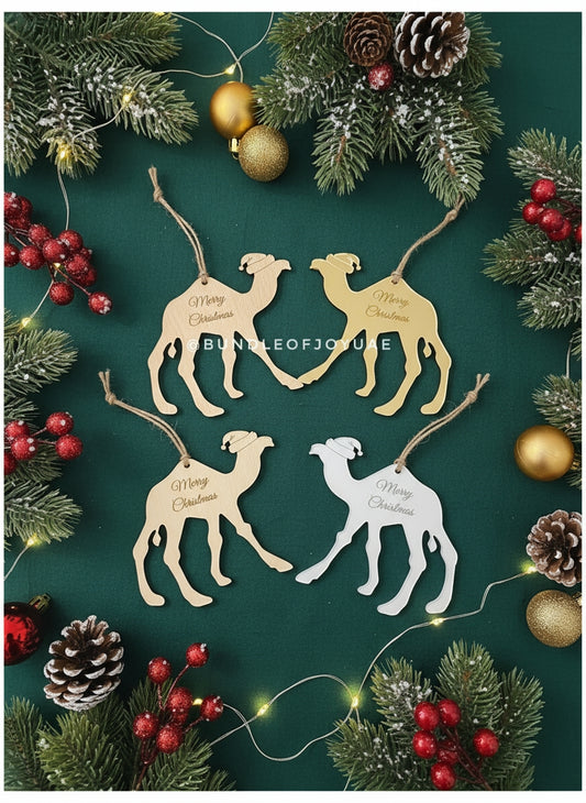 Set of 4 Festive Camel Ornaments Acrylic OR Wooden